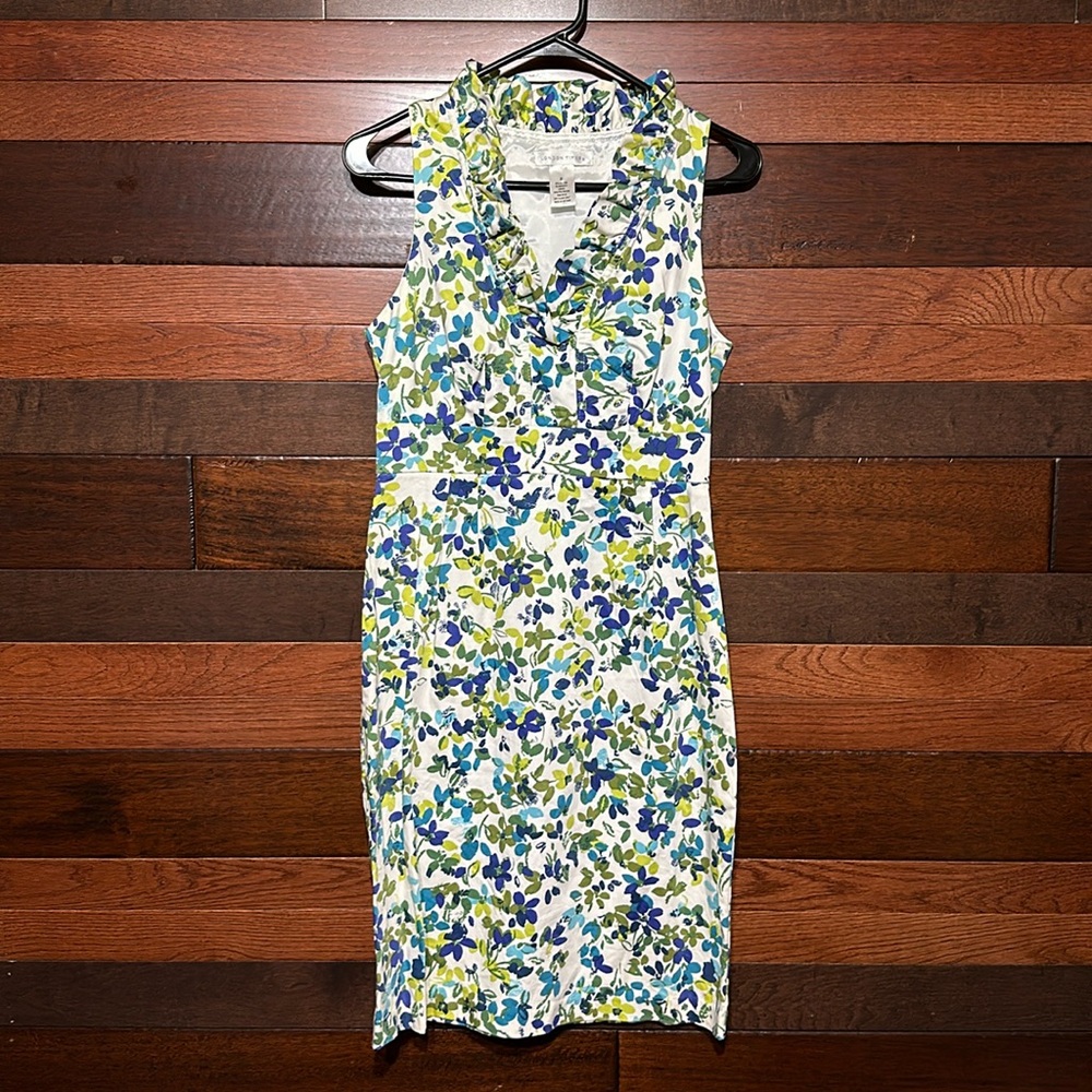 London Times Ruffled V Neck White and Blue Floral Midi Dress